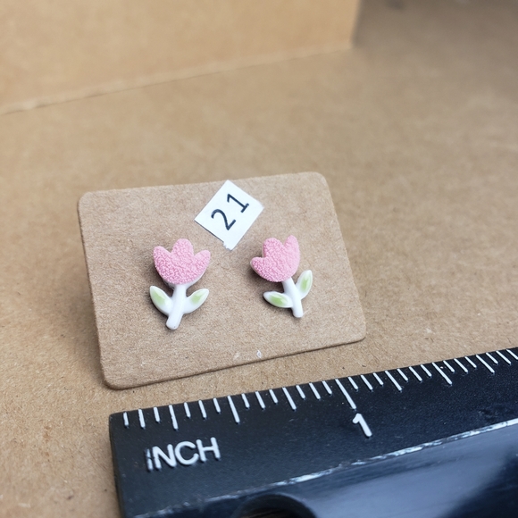 ceramic petite earrings small minimalist toddler flower girl pink garden simple - Picture 2 of 2